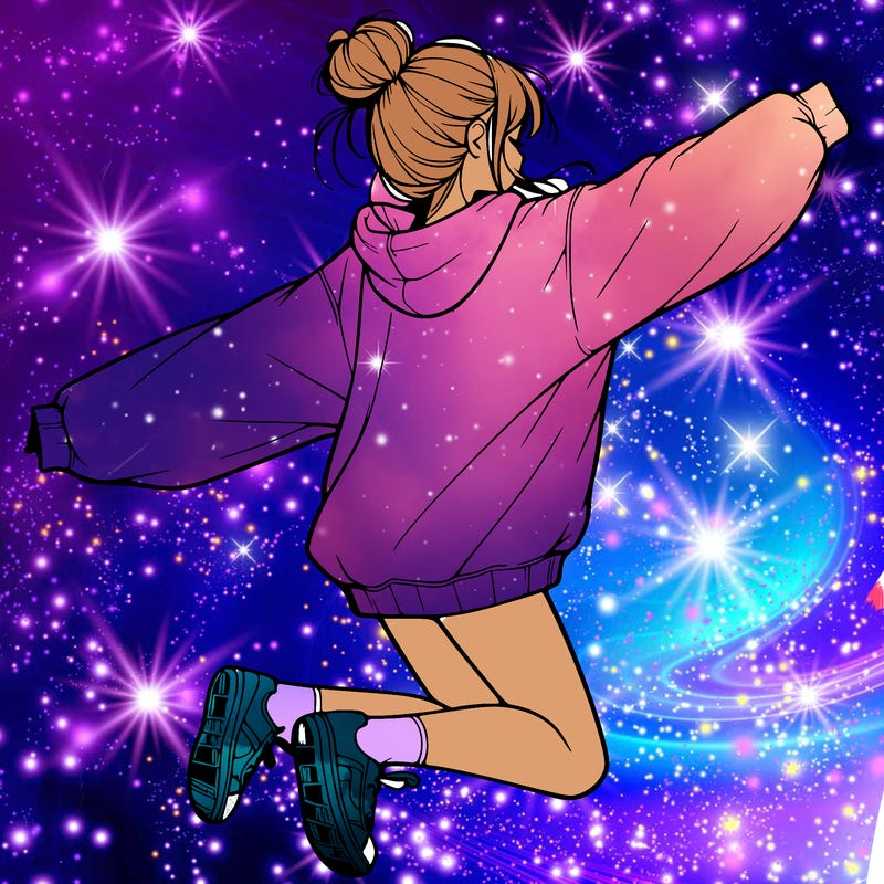 realistic girl jumping with a bun and oversized sweatshirt