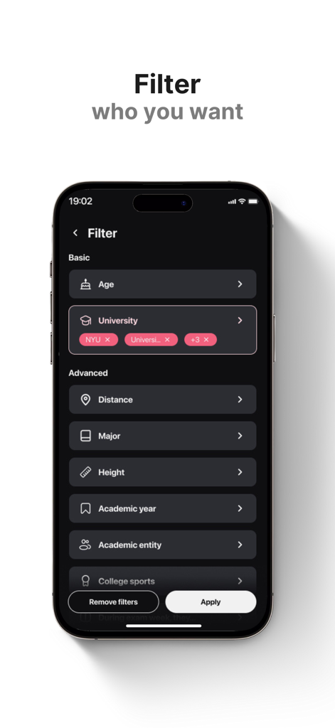 Umatch: Match, Chat & Meet - Interface de l'application Umatch affichant diverses options de filtre pour trouver des correspondances universitaires, y compris l'université et le domaine d'études.