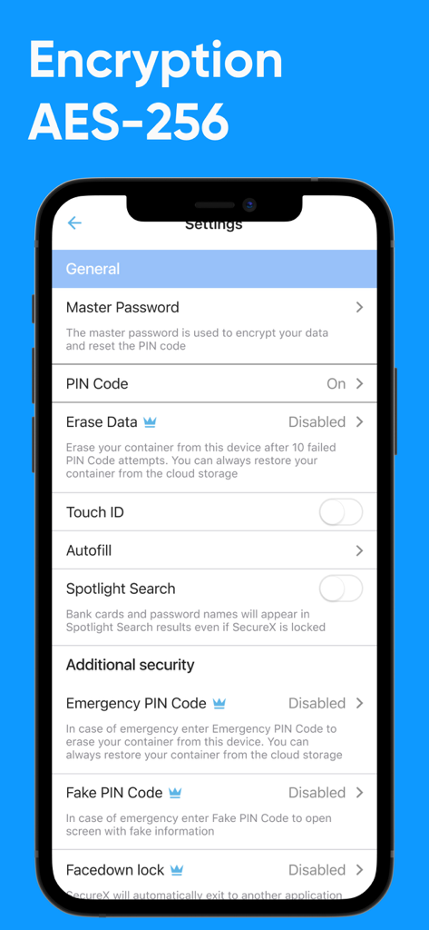 Secure Card Manager & Wallet - Pantalla de configuración de la aplicación Secure Card Wallet que muestra cifrado AES-256 y funciones de seguridad avanzadas