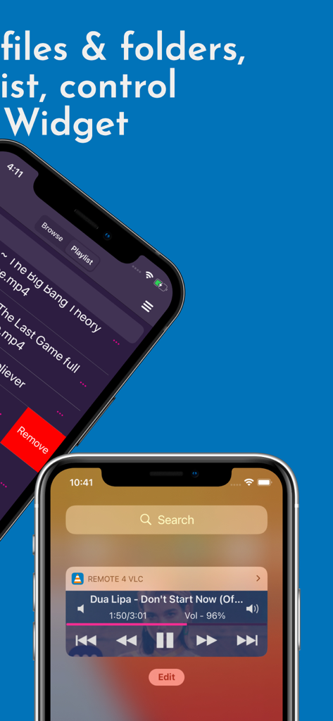 Remote for VLC, PC & Mac - VLC Remote app interface showing a media playlist and a lock screen playback control widget
