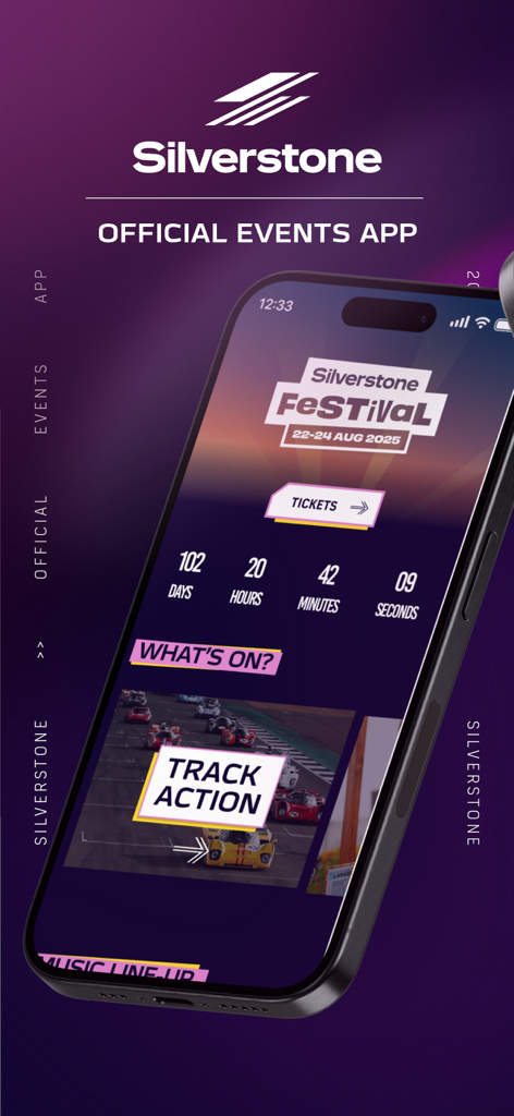 Silverstone Events - Tela inicial do aplicativo Silverstone Official Events com contagem regressiva para o Festival de Silverstone e categorias de eventos.