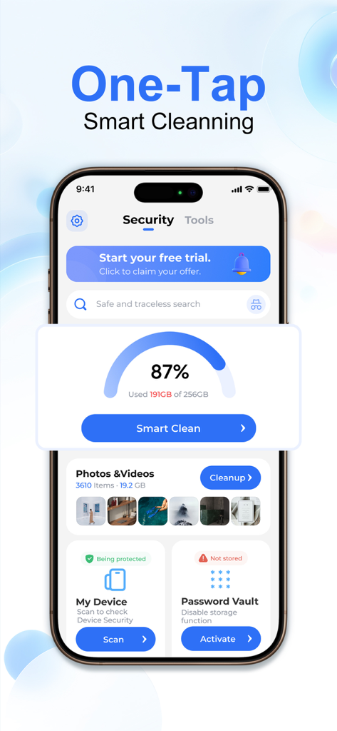 AI Cleaner：Phone Cleaner - AI Cleaner app dashboard on an iPhone featuring smart cleaning and storage optimization tools.