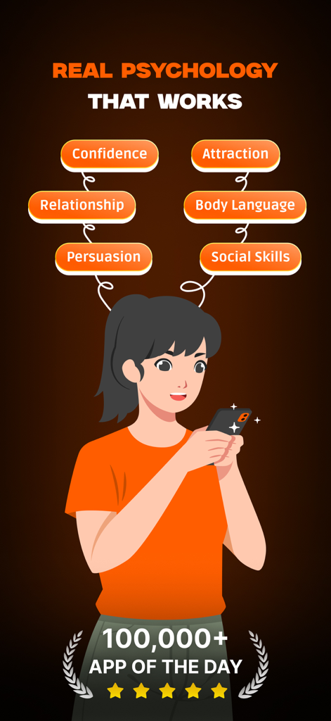 PrimeSelf: Love Psychology - Frau nutzt die PrimeSelf-App, um Beziehungs- und soziale Psychologiefähigkeiten zu meistern