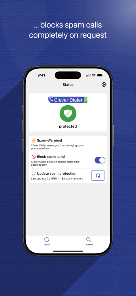 Clever Dialer App-Oberfläche zeigt aktiven Spam-Schutz und Anrufblockierungs-Einstellungen an