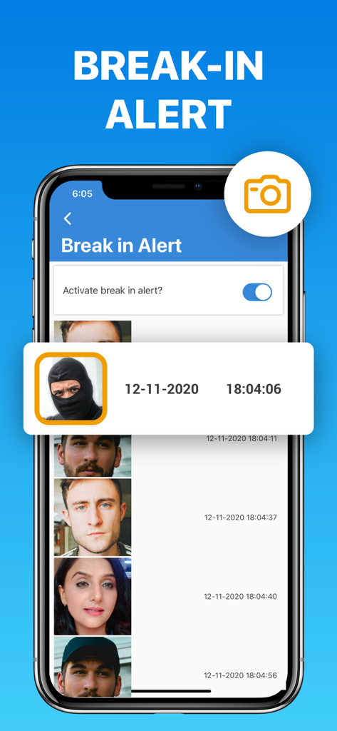Smartphone screen showing the break in alert feature of the Photo Vault app with photos and timestamps of intruders