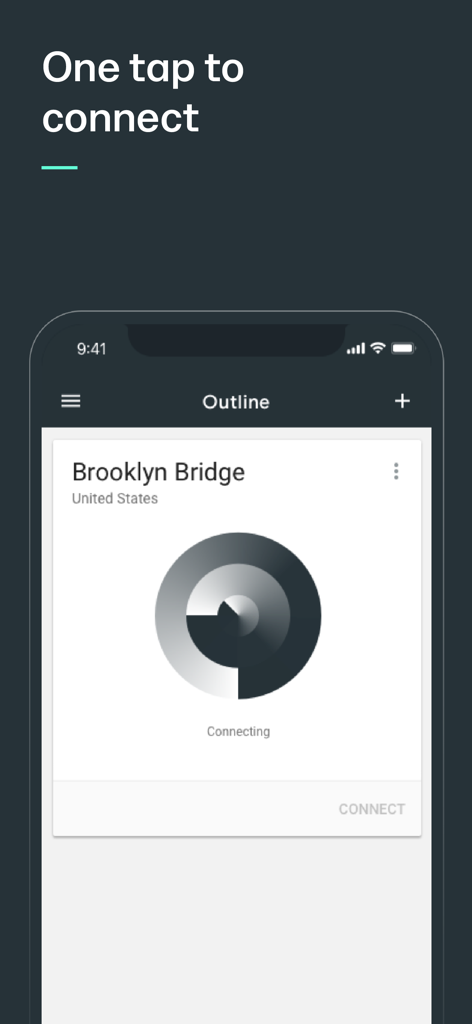 Interface de l'application Outline affichant l'écran de connexion en un clic pour un serveur VPN privé.