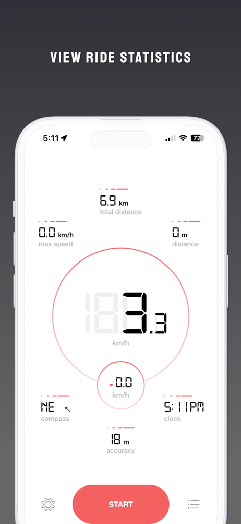 Bike GPS: Ride route tracker - Panel de ciclismo minimalista que muestra el seguimiento de velocidad y distancia en tiempo real