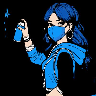 realistic girl with mask spray painting a wall