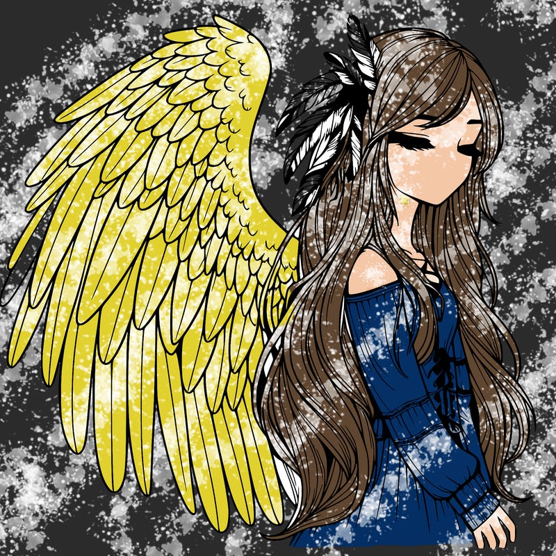 realistic girl with bird wings and some feathers in her hair