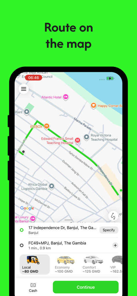 GamGlo - Interfaz de la aplicación GamGlo mostrando una ruta de viaje en un mapa de Banjul con opciones de vehículos y precios estimados