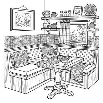 Step into a warm and inviting kitchen with our charming Breakfast Nook coloring page. This intricate design features cozy seating, a beautifully set table, and delightful kitchen decor, ready for your artistic touch.