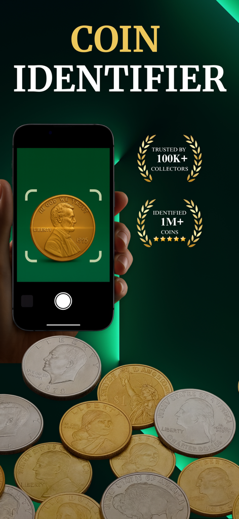 Coin Scanner - Coinx - Un smartphone usando la aplicación Coin Scanner para identificar una moneda con una superposición de varias monedas de EE. UU. y insignias de confianza