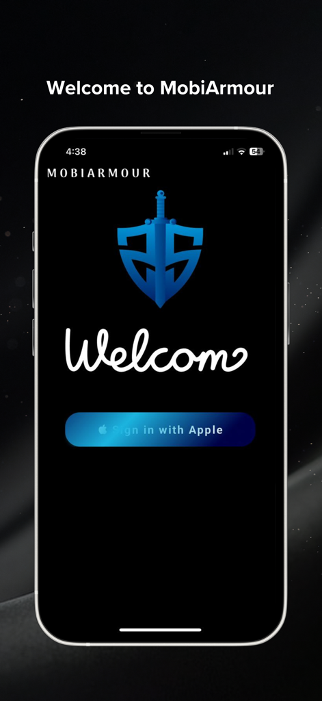 MobiArmour - Tela de boas-vindas do MobiArmour com o logotipo do escudo de segurança e o botão Entrar com a Apple