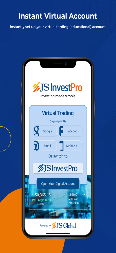 JS InvestPro - JS InvestPro mobile app interface for creating an instant virtual trading account