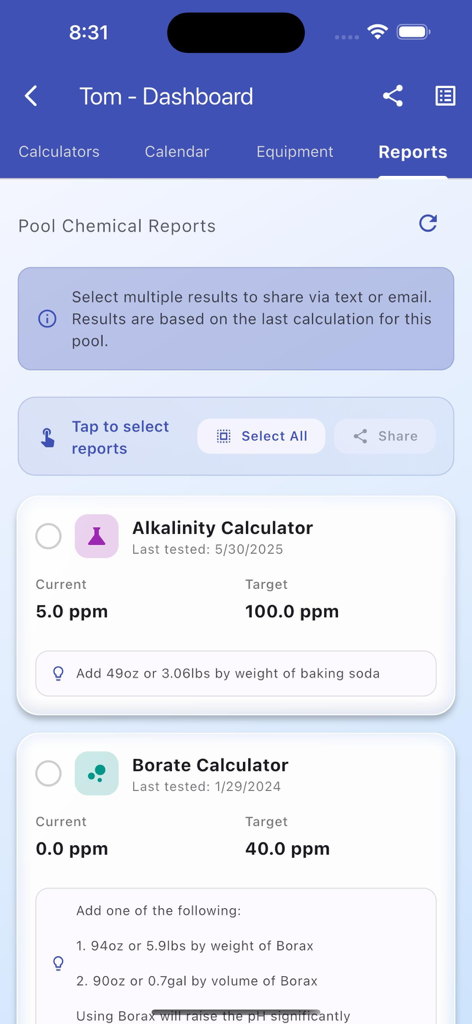 Painel de Relatórios do aplicativo Pool Chem Calculator exibindo resultados de testes químicos de alcalinidade e borato e recomendações
