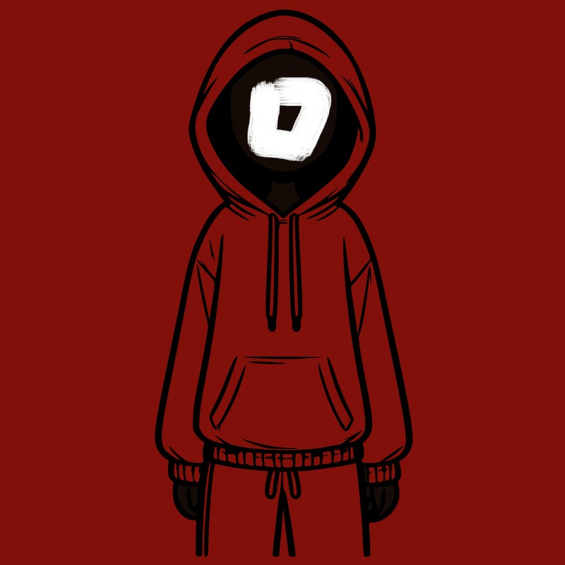 faceless girl in a tracksuit with a hood on and no hair