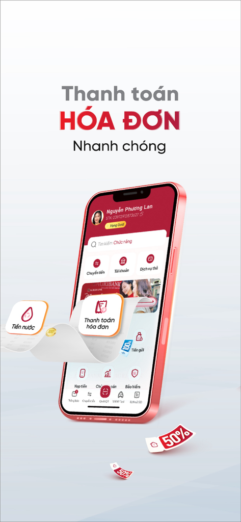 Agribank Plus app interface displaying the quick bill payment feature for utilities and services.