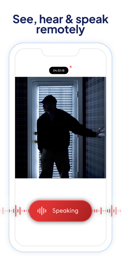 Cam V360 - Security Camera PRO - Smartphone screen showing a live security camera feed of a person near a door with a red button for two-way audio communication