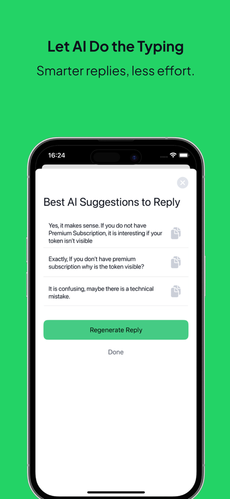 All Messenger for WA Web - A smartphone screen displaying AI-generated message suggestions with a regenerate button in the All Messenger app.