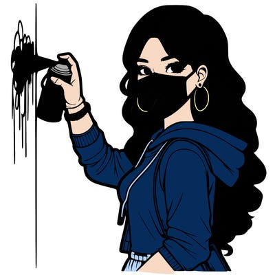 realistic girl with mask spray painting a wall