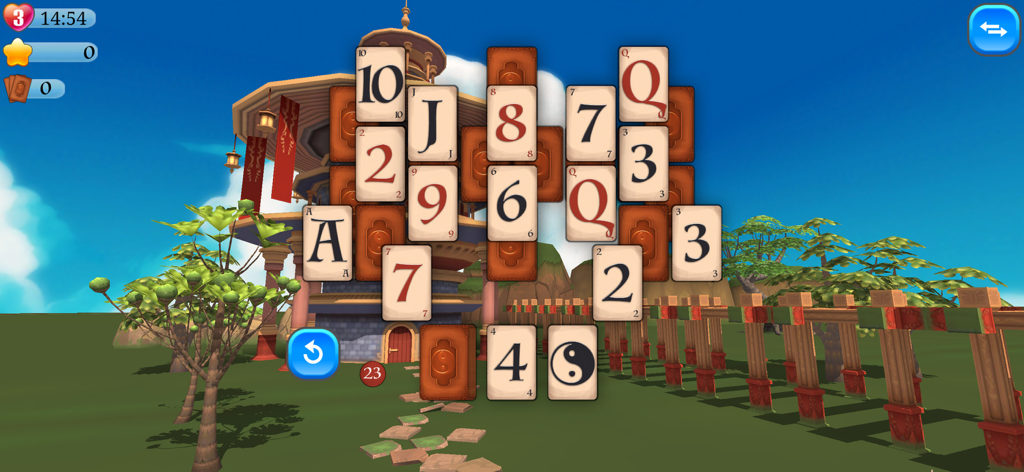 Pyramid Solitaire Asia - Jugabilidad de Pyramid Solitaire Asia mostrando una disposición de cartas sobre una escena de jardín asiático.