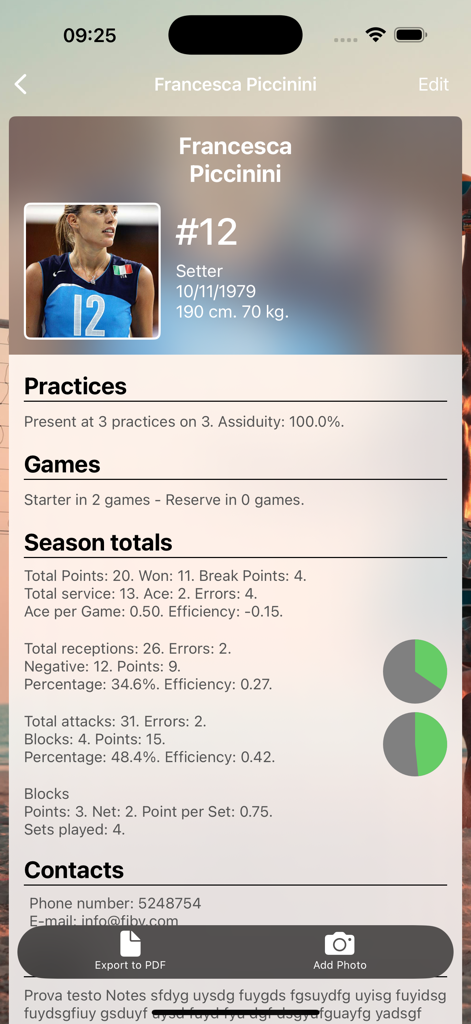 Assistant Coach Volleyball - A detailed volleyball player profile screen showing individual statistics and performance tracking data