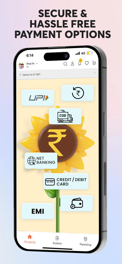 FirstCry India mobile app screen showing secure payment options like UPI, credit card, and EMI