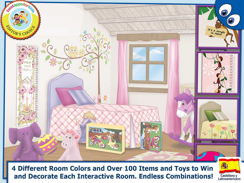 Child interactive room with toys and decorations in the Spanish Words and Puzzles Pro app