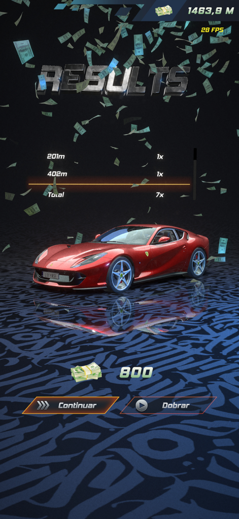 Project Xtreme - Pantalla de resultados de carrera en Project Xtreme mostrando un coche deportivo rojo y moneda del juego ganada con dinero cayendo