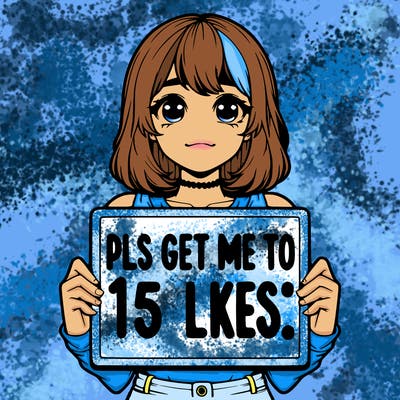 realistic girl holding up a sign that says “pls get me to 15 likes!”