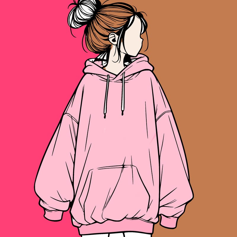 realistic girl with a oversized sweatshirt on and a bun