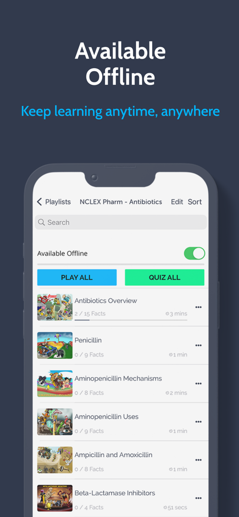 Picmonic Nursing School Study - Picmonic app interface showing available offline mode for NCLEX nursing school pharmacology study