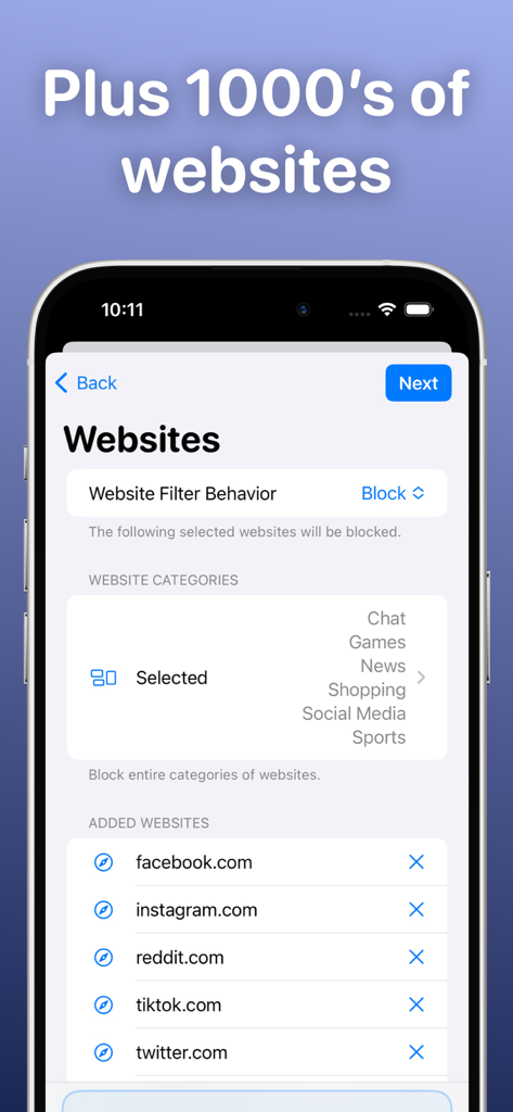 Ochi: Block Websites & Apps - Ochi app interface showing website blocking configuration with social media sites like Facebook and Instagram added to the block list