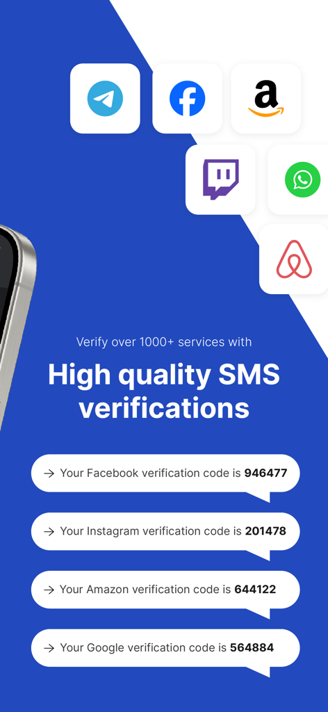 SMSPool interface displaying verification codes for Facebook Instagram Amazon and Google