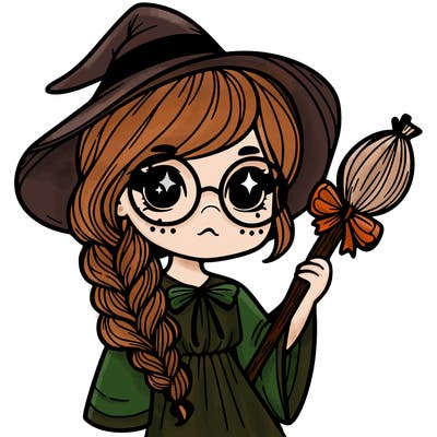 a witch with a braid and two glasses