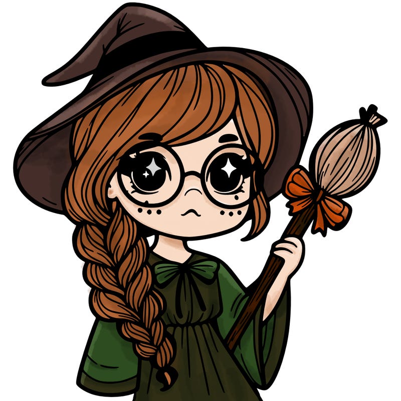 a witch with a braid and two glasses