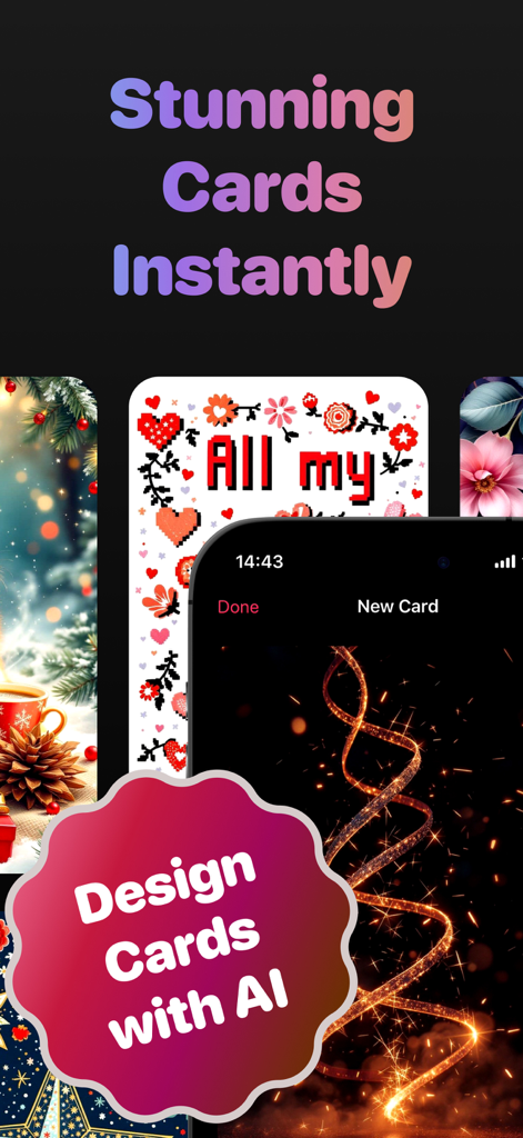 Wish Card Kit – Love Messages - Captura de pantalla móvil de la aplicación Wish Card Kit mostrando varias tarjetas de felicitación diseñadas por IA