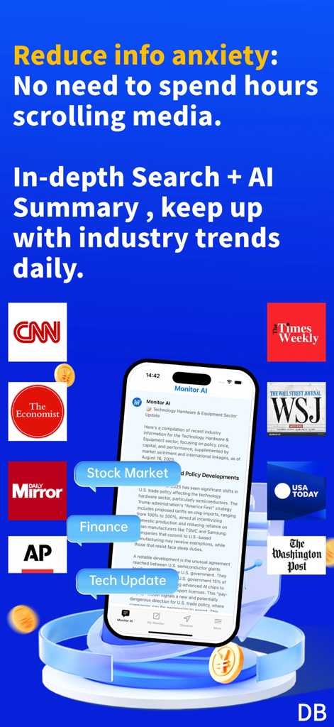 Monitor AI: News-Summarize - Interfaz de la aplicación Monitor AI que muestra un informe generado por IA de la industria financiera rodeado de logotipos de las principales publicaciones de noticias como WSJ y CNN.