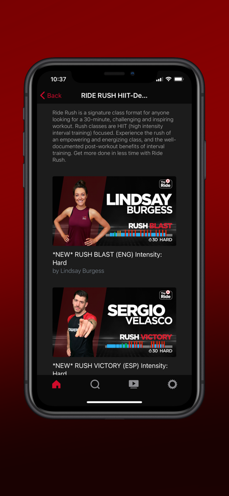 The Ride 인도어 사이클링 앱에서 30분 고강도 인터벌 트레이닝 수업 목록입니다.