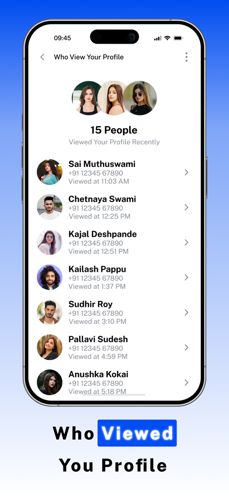 Interface de l'application mobile montrant une liste des personnes ayant récemment consulté votre profil avec noms et numéros de téléphone