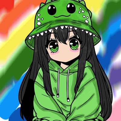 girl with anime shaped eyes with a dinosaur bucket hat oversized sweatshirt long straight hair