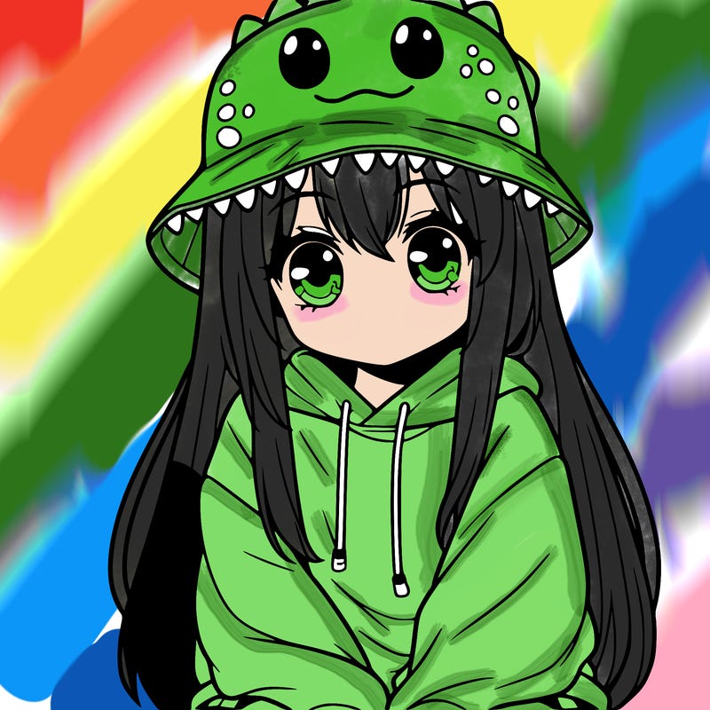 girl with anime shaped eyes with a dinosaur bucket hat oversized sweatshirt long straight hair