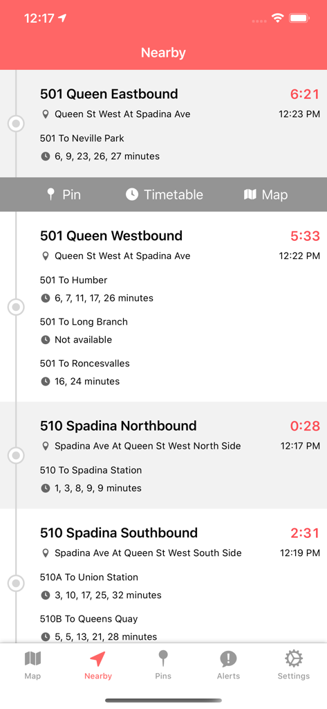 TTC Watch for Toronto - TTC Watch app nearby screen showing real-time streetcar arrival times in Toronto