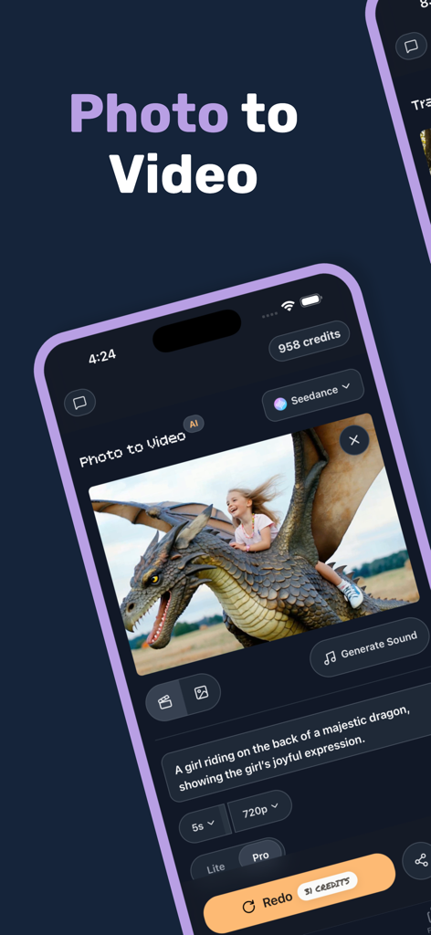 Photo to Video: AI Video Maker - Interfaz de la aplicación Foto a Video que muestra un video IA de una chica montando un dragón generado a partir de una indicación de texto.