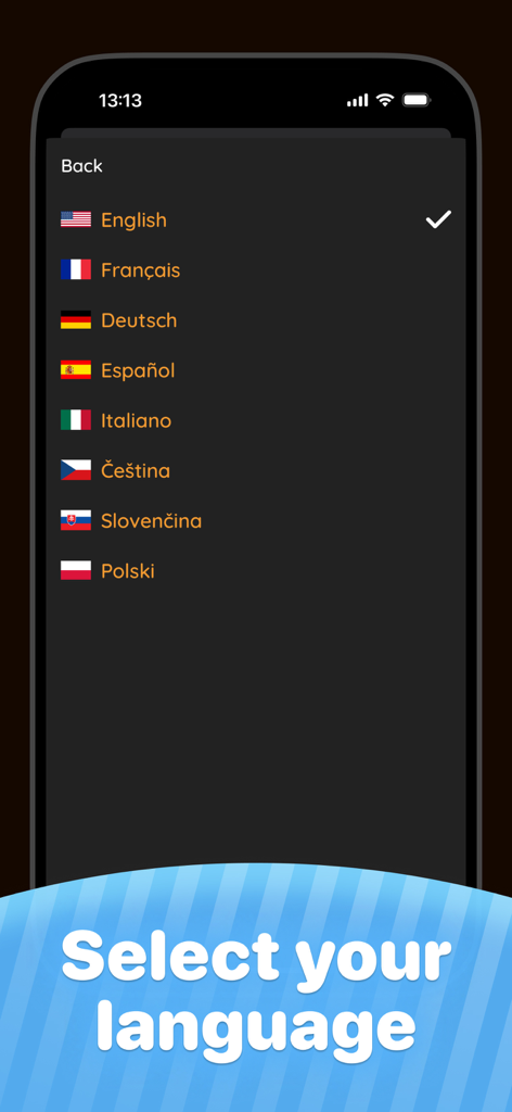 Language selection menu in the Headbands charades party game app showing several language options with flags.