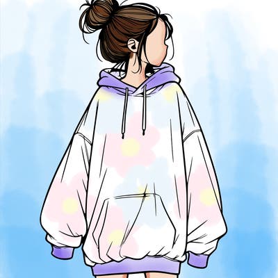 realistic girl with a oversized sweatshirt on and a bun