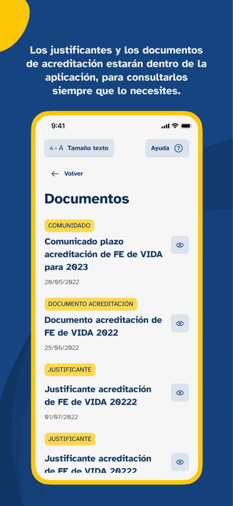 List of proof of life documents and receipts within the VIVESS mobile application