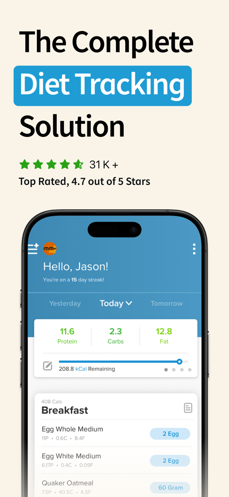 My Macros Plus app home screen showing daily nutrition targets for protein carbs and fat with a logged breakfast meal