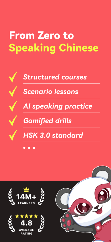 Chinesia - AI Learn Chinese - Chinesia app screenshot highlighting AI speaking practice, scenario lessons, and HSK 3.0 standard for learning Chinese from zero.