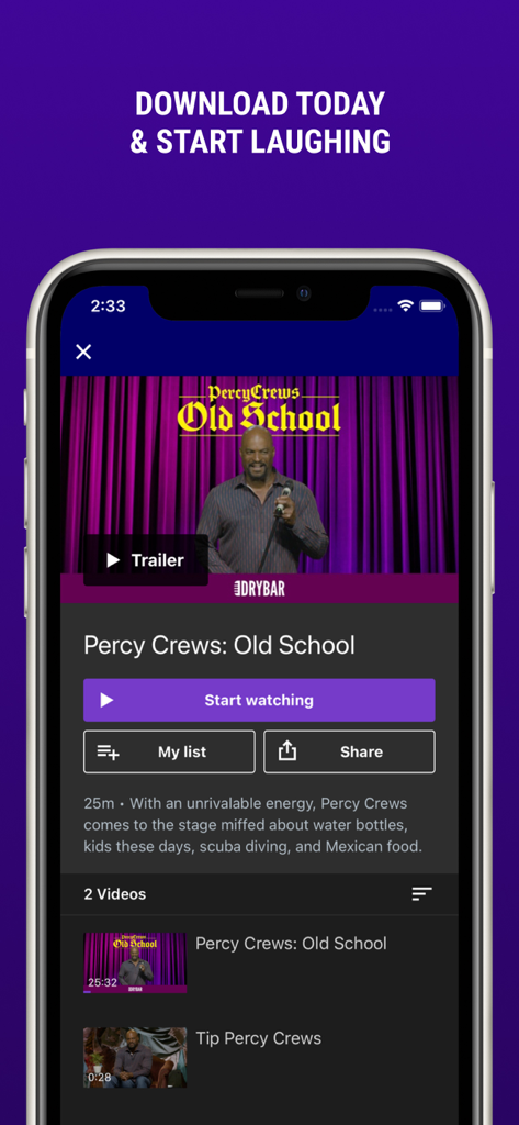 Dry Bar Comedy+ - Mobile app interface of Dry Bar Comedy plus featuring a clean stand up comedy special by Percy Crews